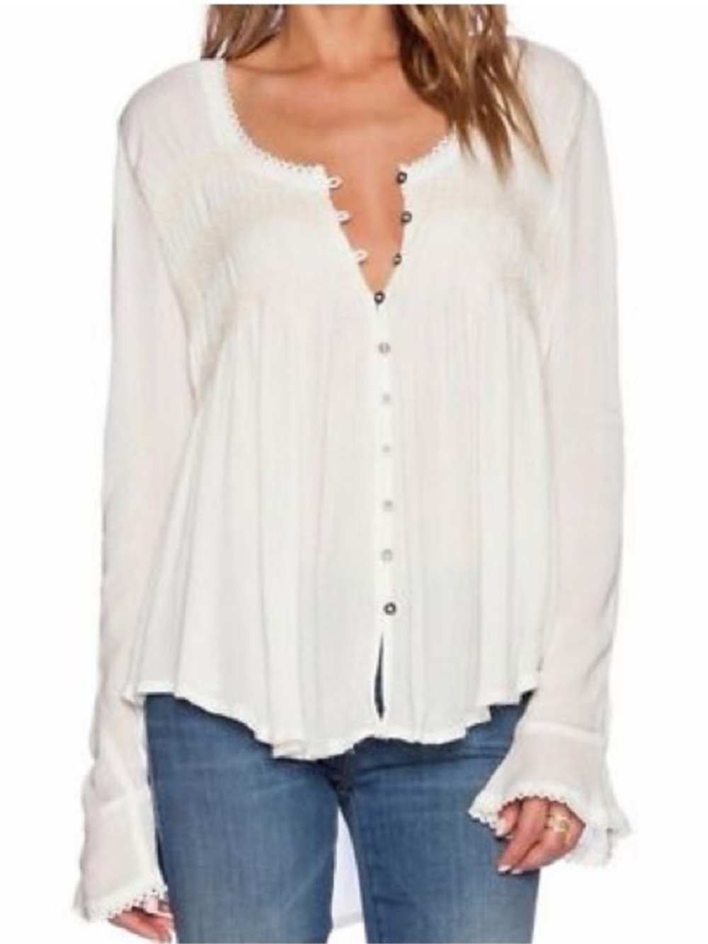 Free People Bluebird Henley Top White Gauze Boho Blouse Size Medium